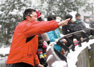 1月5日,杭州动物园狮山,一群游客拿雪球砸非洲狮。