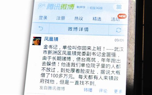 网友发微博称金副书记欠债100多万元
