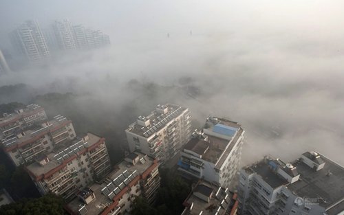 1月12日,武汉城区被雾霾笼罩。