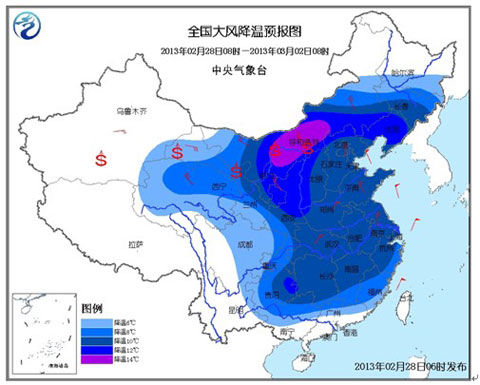 全国大风降温预报图